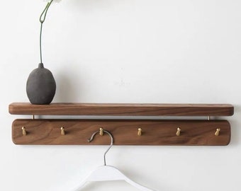 Walnut Wooden Wall Shelf + Hangers / Coat Racks with Brass Details, Red Oak Coat Hooks Hangers (Wall Mounted), Key Holder, Bag Hanger