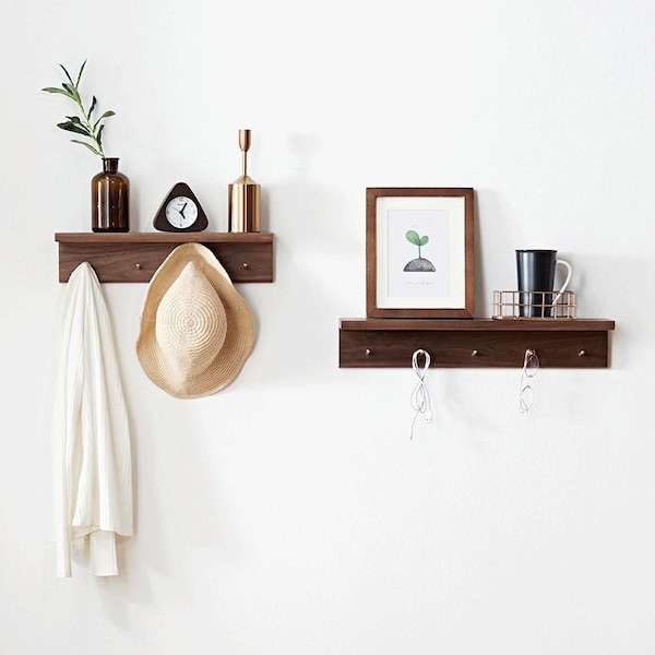 Walnut Wooden Wall Shelf with Hangers / Coat Racks with Brass Details, Cherry Wood Coat Hooks Hangers (Wall Mounted), Key Holder, Bag Hanger