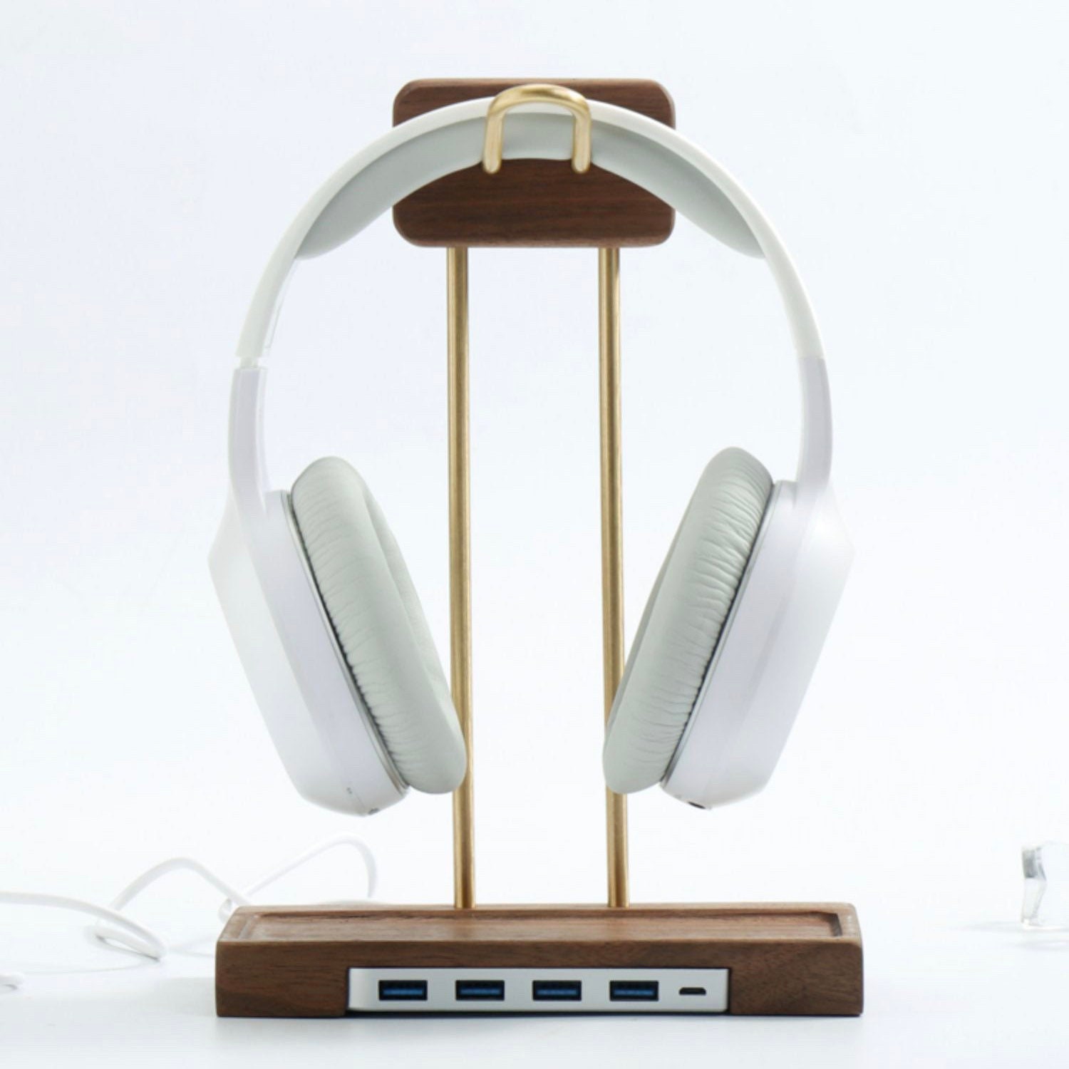 Support d'écouteur en Bois de Noyer/Support Casque avec Concentrateur Usb