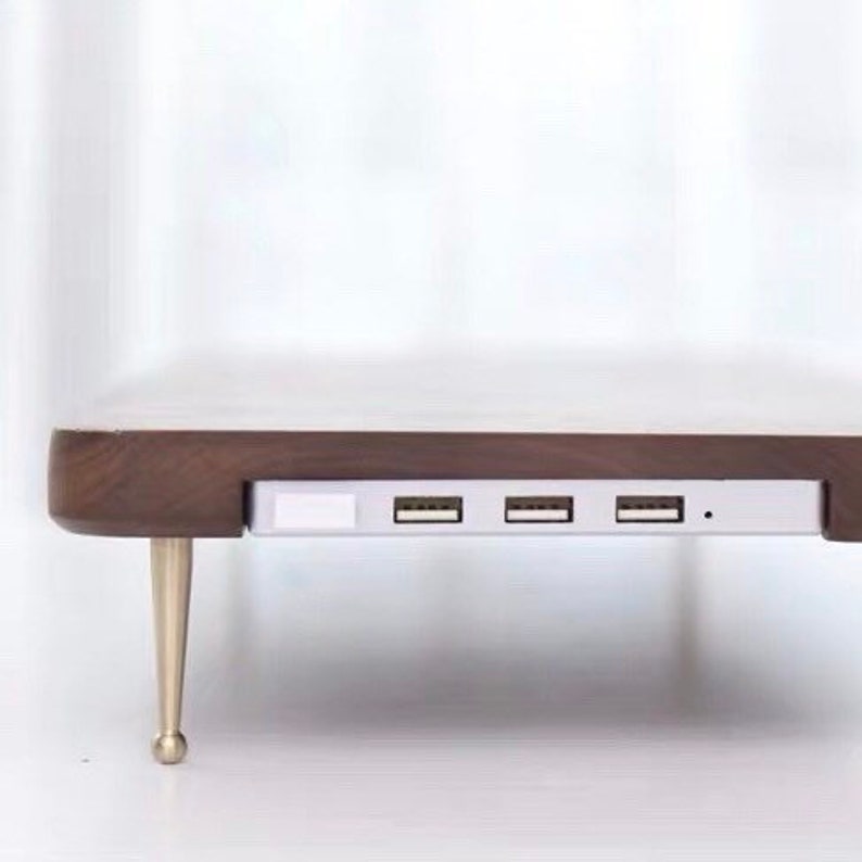 Beech Wood Monitor Stand / Laptop Stand with Brass Details with 4 USB ports, Walnut Wooden Computer Stand image 5