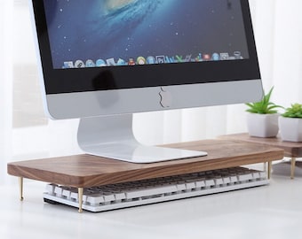 Walnut Wooden Monitor Stand / Laptop Stand with Brass Details (with 4 USB ports), Beech Wood Computer Stand