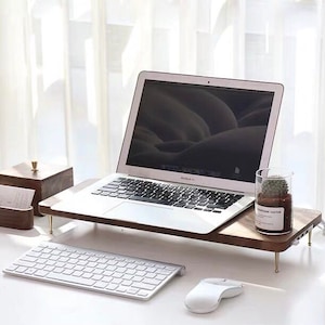 Beech Wood Monitor Stand / Laptop Stand with Brass Details with 4 USB ports, Walnut Wooden Computer Stand image 4