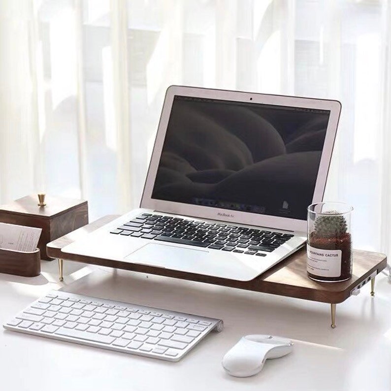 Beech Wood Monitor Stand / Laptop Stand with Brass Details with 4 USB ports, Walnut Wooden Computer Stand image 4