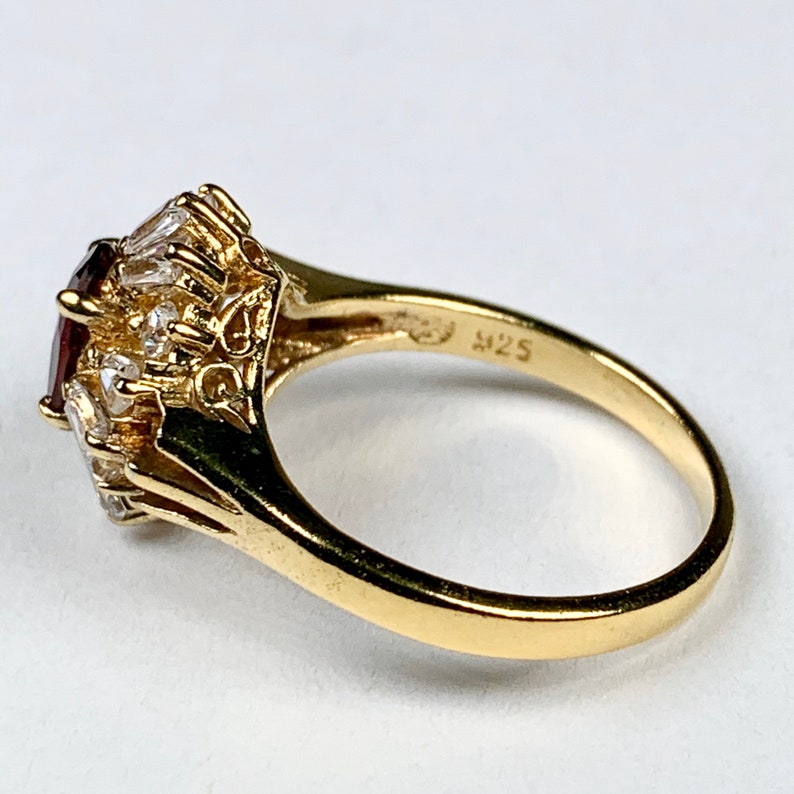 Size 7 34 Vintage Gold over Sterling Silver Simulated Ruby Crystal cz Cocktail Statement Ring