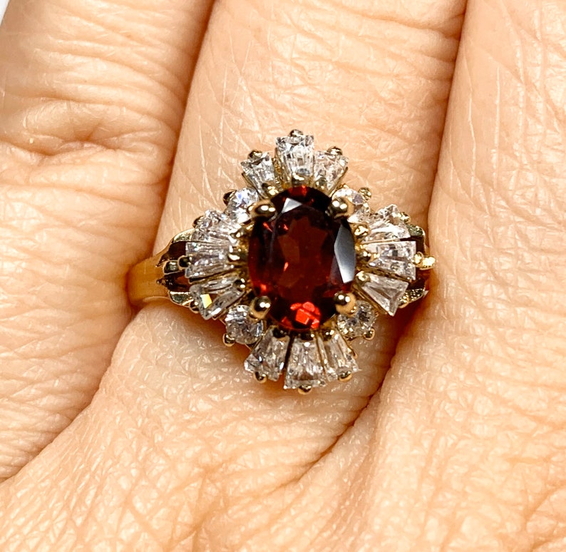 Size 7 34 Vintage Gold over Sterling Silver Simulated Ruby Crystal cz Cocktail Statement Ring