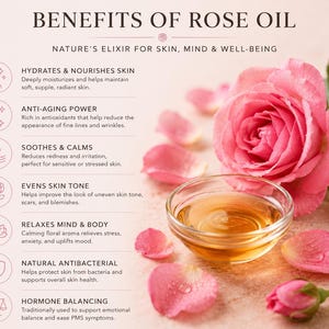 May include: An informational graphic titled BENEFITS OF ROSE OIL, NATURE'S ELIXIR FOR SKIN, MIND & WELL-BEING. It lists six benefits with icons: hydrates skin, anti-aging power, soothes, evens skin tone, relaxes, and antibacterial. A pink rose and oil bowl.