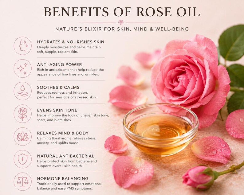 May include: An informational graphic titled BENEFITS OF ROSE OIL, NATURE'S ELIXIR FOR SKIN, MIND & WELL-BEING. It lists six benefits with icons: hydrates skin, anti-aging power, soothes, evens skin tone, relaxes, and antibacterial. A pink rose and oil bowl.