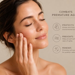 May include: A skincare graphic featuring text that reads COMBATS PREMATURE AGING, PROTECTS Shields skin from environmental stressors, PREVENTS Helps prevent early signs of aging, and RENEWS Promotes cell renewal for youthful, radiant skin.