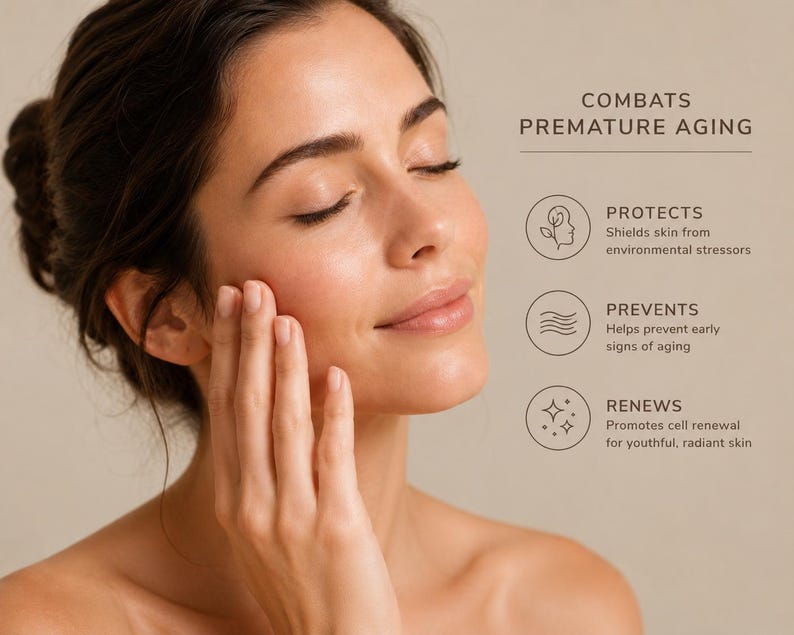 May include: A skincare graphic featuring text that reads COMBATS PREMATURE AGING, PROTECTS Shields skin from environmental stressors, PREVENTS Helps prevent early signs of aging, and RENEWS Promotes cell renewal for youthful, radiant skin.