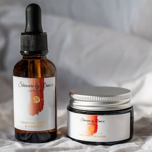 Luxury Gift Set of Lavender Geranium Facial  -Lavender Geranium & Rosehip Oil, Lavender Geranium, Frankincense Cream- Facial Skin Care Set