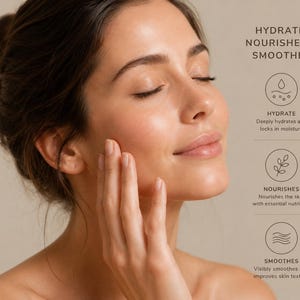 May include: A profile view of a face with eyes closed, accompanied by text that reads: HYDRATE, NOURISHES & SMOOTHES. Three circular icons represent these benefits with labels: HYDRATE, Deeply hydrates and locks in moisture; NOURISHES, Nourishes the skin with essential nutrients; SMOOTHES, Visibly smoothes and improves skin texture.