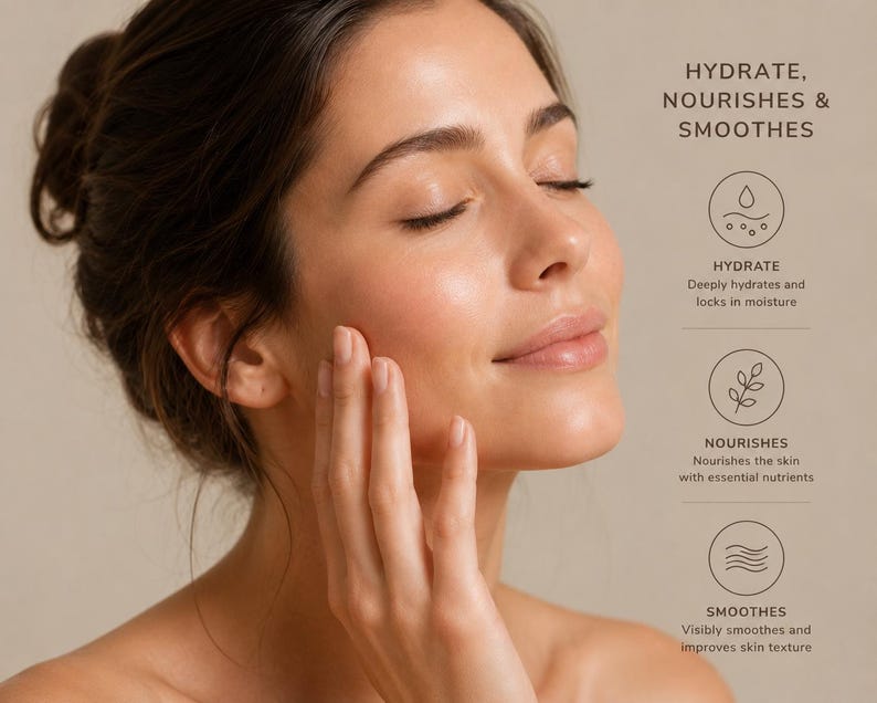 May include: A profile view of a face with eyes closed, accompanied by text that reads: HYDRATE, NOURISHES & SMOOTHES. Three circular icons represent these benefits with labels: HYDRATE, Deeply hydrates and locks in moisture; NOURISHES, Nourishes the skin with essential nutrients; SMOOTHES, Visibly smoothes and improves skin texture.