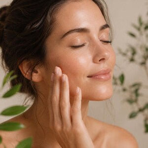 May include: A person with dark hair styled in a bun, eyes closed, and a hand gently touching their cheek. The skin appears smooth and hydrated. The composition includes soft, out-of-focus green leaves in the foreground and background.