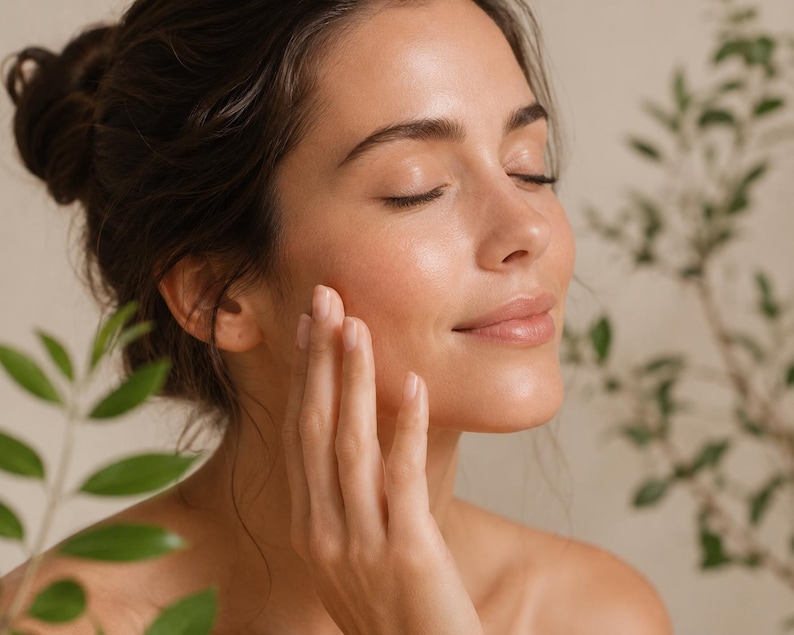 May include: A person with dark hair styled in a bun, eyes closed, and a hand gently touching their cheek. The skin appears smooth and hydrated. The composition includes soft, out-of-focus green leaves in the foreground and background.