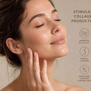 May include: A person with eyes closed touching their cheek, accompanied by text reading STIMULATE COLLAGEN PRODUCTION, IMPROVES ELASTICITY, FIRMS & TIGHTENS, and SMOOTHER, YOUNGER LOOKING SKIN, alongside three circular icons illustrating skin benefits.