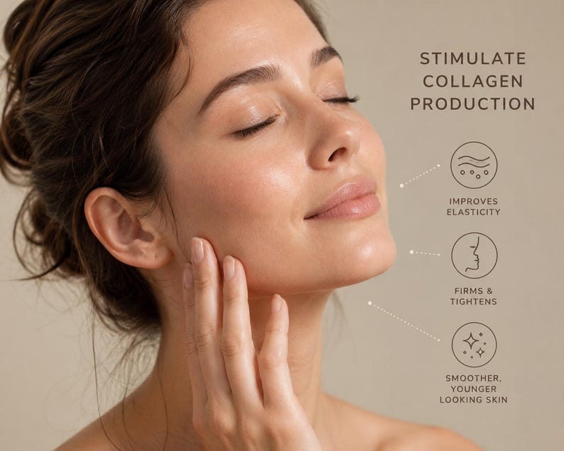 May include: A person with eyes closed touching their cheek, accompanied by text reading STIMULATE COLLAGEN PRODUCTION, IMPROVES ELASTICITY, FIRMS & TIGHTENS, and SMOOTHER, YOUNGER LOOKING SKIN, alongside three circular icons illustrating skin benefits.