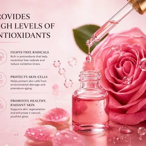 May include: A clear glass dropper bottle filled with pink liquid next to a large pink rose and scattered petals. Text reads: PROVIDES HIGH LEVELS OF ANTIOXIDANTS, FIGHTS FREE RADICALS, PROTECTS SKIN CELLS, and PROMOTES HEALTHY, RADIANT SKIN with icons.