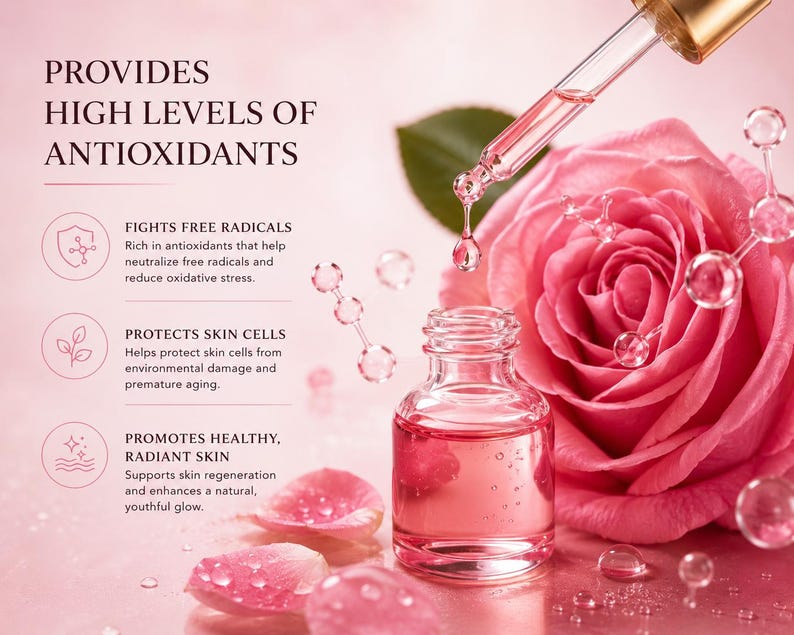May include: A clear glass dropper bottle filled with pink liquid next to a large pink rose and scattered petals. Text reads: PROVIDES HIGH LEVELS OF ANTIOXIDANTS, FIGHTS FREE RADICALS, PROTECTS SKIN CELLS, and PROMOTES HEALTHY, RADIANT SKIN with icons.