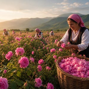 May include: A field of vibrant pink roses under a soft golden sunset sky. A woven wicker basket filled with freshly harvested pink rose petals sits in the foreground, while individuals in headscarves gather more flowers in the distance.