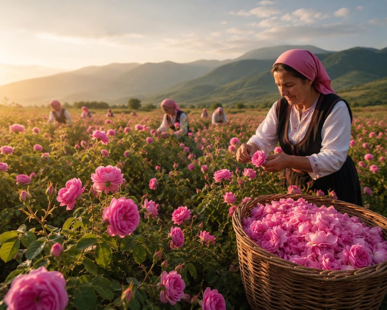 May include: A field of vibrant pink roses under a soft golden sunset sky. A woven wicker basket filled with freshly harvested pink rose petals sits in the foreground, while individuals in headscarves gather more flowers in the distance.