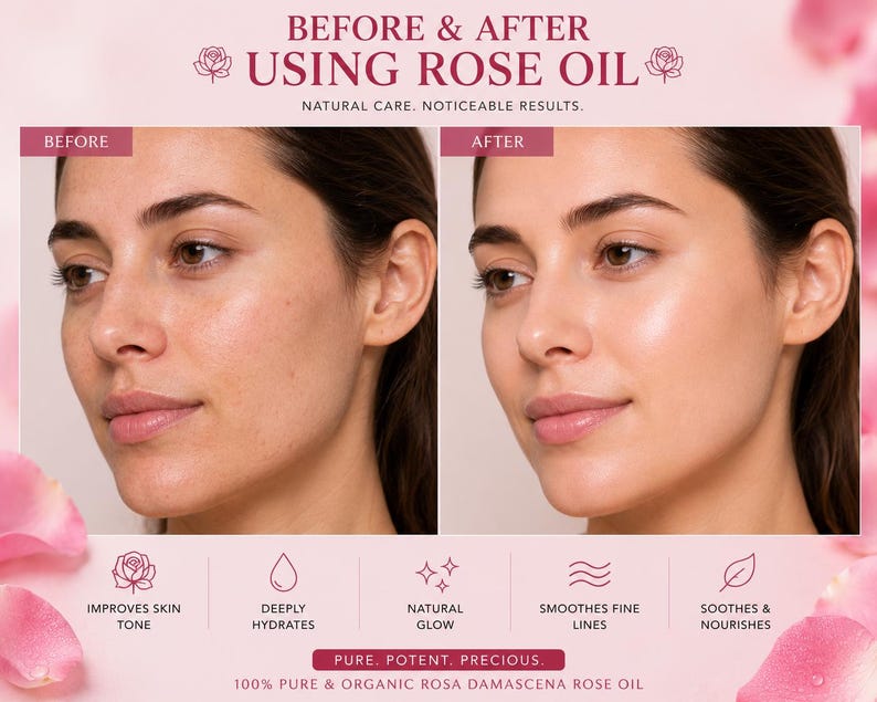 May include: A comparison graphic showing a face before and after using rose oil. Text reads: BEFORE & AFTER USING ROSE OIL, NATURAL CARE. NOTICEABLE RESULTS, IMPROVES SKIN TONE, DEEPLY HYDRATES, NATURAL GLOW, SMOOTHES FINE LINES, SOOTHES & NOURISHES, PURE. POTENT. PRECIOUS. 100% PURE & ORGANIC ROSA DAMASCENA ROSE OIL.