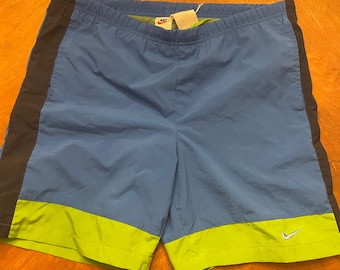 Vintage Nike Blue and Green Swim Shorts Trunks Medium