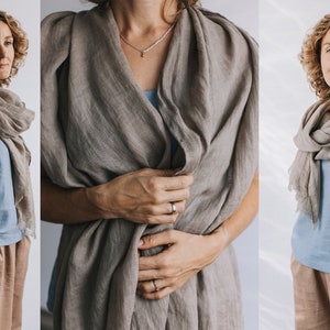 Woman with gray linen scarf