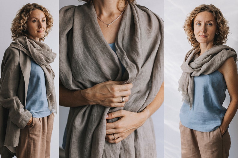Woman with gray linen scarf
