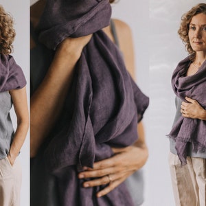 Woman with aubergine (violet) linen scarf