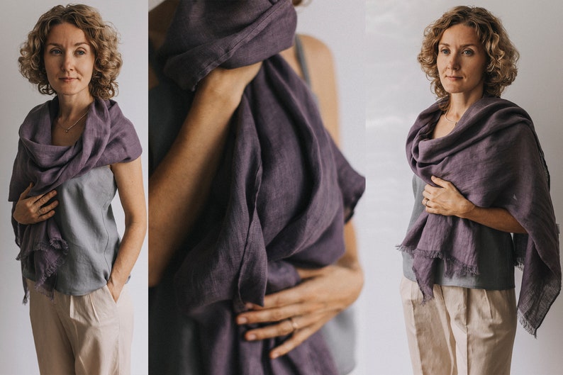 Woman with aubergine (violet) linen scarf