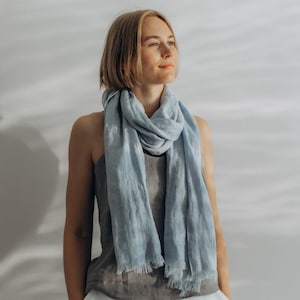 Linen Scarf PASTEL BLUE 100% Linen Scarf With Fringe Light and Soft Scarf, for women for men, Real Linen Wrap, Linen Shawl