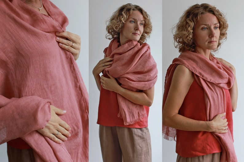 Woman with rose linen scarf