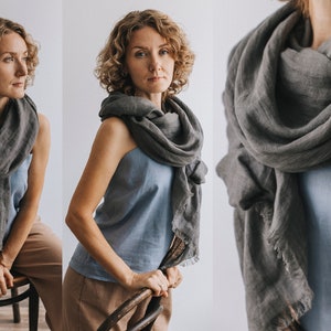 Woman with dark gray linen scarf
