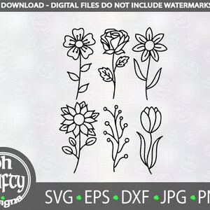 Hand drawn flowers svg, flower outline, botanical clipart, doodle flowers svg file, flower svg bundle, rose, sunflower png, digital download