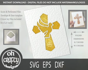 May include: A digital download of a printable card with a gold glitter cross and dove design. The card is 7 inches tall and 5 inches wide when folded. The design includes score and perforated lines for easy folding. The listing also includes Cricut Joy files.