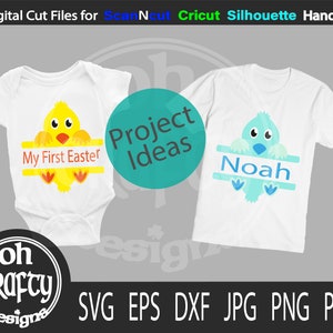 May include: Two white baby onesies with a yellow chick and a blue chick holding a banner. The banner on the yellow onesie says "My First Easter" and the banner on the blue onesie says "Noah".