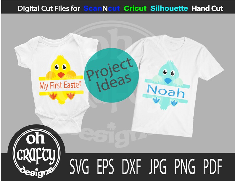 May include: Two white baby onesies with a yellow chick and a blue chick holding a banner. The banner on the yellow onesie says "My First Easter" and the banner on the blue onesie says "Noah".