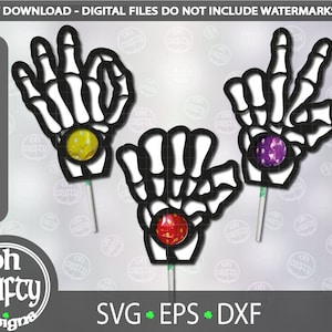 以下が含まれることがあります： ロリポップ用の穴が空いた、黒と白のスケルトンハンドのカットアウトが3つ。手はそれぞれ異なるポーズをとっています。カットアウトはロリポップと一緒に使うように設計されています。SVG EPS DXF