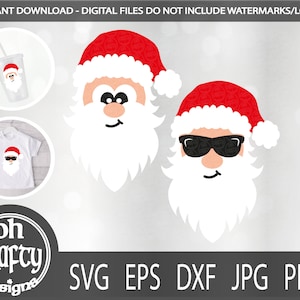 面白いサンタの頭のSVG、サングラスをかけたかっこいいサンタクロースのSVG、かわいいサンタのSVG、サンタクロースのPNG、サンタの帽子のSVG、印刷可能なファイル、カットファイル