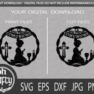 May include: Black and white digital cut file design of a girl kneeling in prayer with a cross, candle, and chalice. The text "La Mia Prima Comunione" is displayed on a banner above her head.