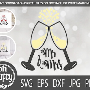 Mr and Mrs svg, mr mrs svg, bride and groom svg, champagne glasses svg, champagne glasses clipart, cheers svg, wedding svg files
