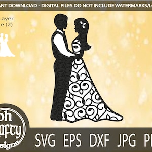 Bruid en bruidegom SVG, lang haar bruid SVG, man en vrouw papercut bestand, bruidspaar SVG, huwelijk gesneden bestand, Swirl patroon jurk SVG