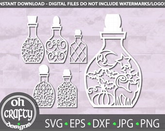 May include: Five different designs of potion bottles with intricate cut-out patterns. The bottles are in a white silhouette against a light purple background. The text "INSTANT DOWNLOAD - DIGITAL FILES DO NOT INCLUDE WATERMARKS/LOGOS" is at the top of the image. The text "oh CRAFTY designs" is at the bottom left of the image. The text "SVG EPS DXF JPG PNG" is at the bottom right of the image.