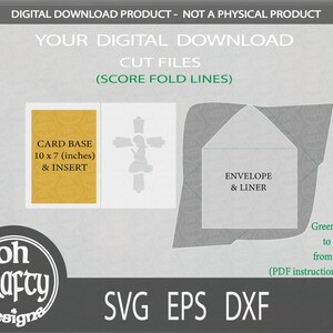 May include: Digital download cut files for a card base and envelope. The card base is 10 inches by 7 inches. The envelope and liner are shown folded. Green lines indicate score lines. SVG, EPS, and DXF file formats are included.
