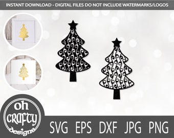 Swirly christmas tree svg, christmas tree papercut, tree and star clip art, xmas tree png, swirl pattern,  christmas tree image, dxf, eps