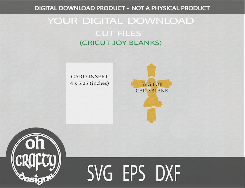 May include: Digital download cut files for Cricut Joy blanks. The design features a gold cross with the text "SVG for Card Blank". The card insert is 4 x 5.25 inches.