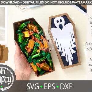 Porta caramelos fantasma, svg 3D, archivo cortado de caja de golosinas de Halloween, plantilla de caja de regalo en forma de ataúd, corte de papel de truco o trato, favor de fiesta espeluznante de bricolaje