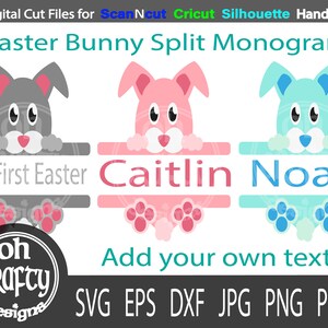 May include: Three Easter bunny split monogram designs. The first design is grey with the text "My First Easter". The second design is pink with the text "Caitlin". The third design is blue with the text "Noah".