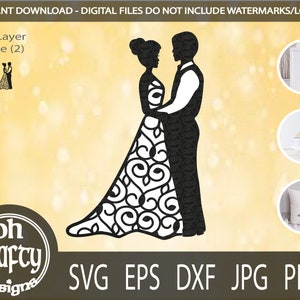 Man en vrouw papercut bestand, bruid en bruidegom SVG bestand knippen, bruidspaar SVG, huwelijk gesneden bestand, trouwjurk SVG, bruiloft clipart