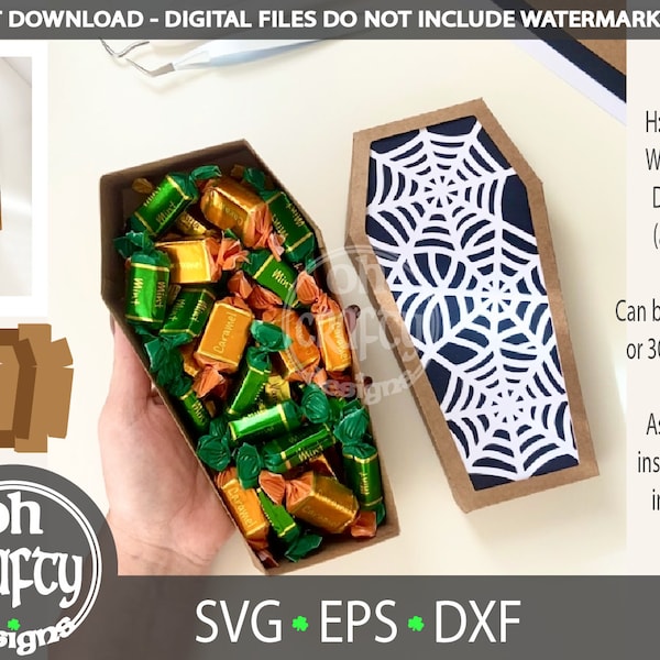 Coffin shaped gift box template, Halloween treat box 3D svg, web candy holder cut file , trick or treat papercut, DIY spooky party favor svg